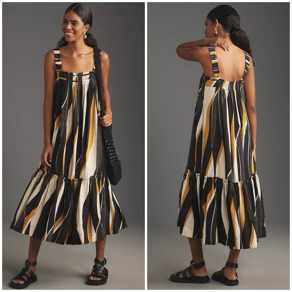 Anthropologie Square Neck Waistless Midi Dress Black Yellow Flowy Size XXS Boho